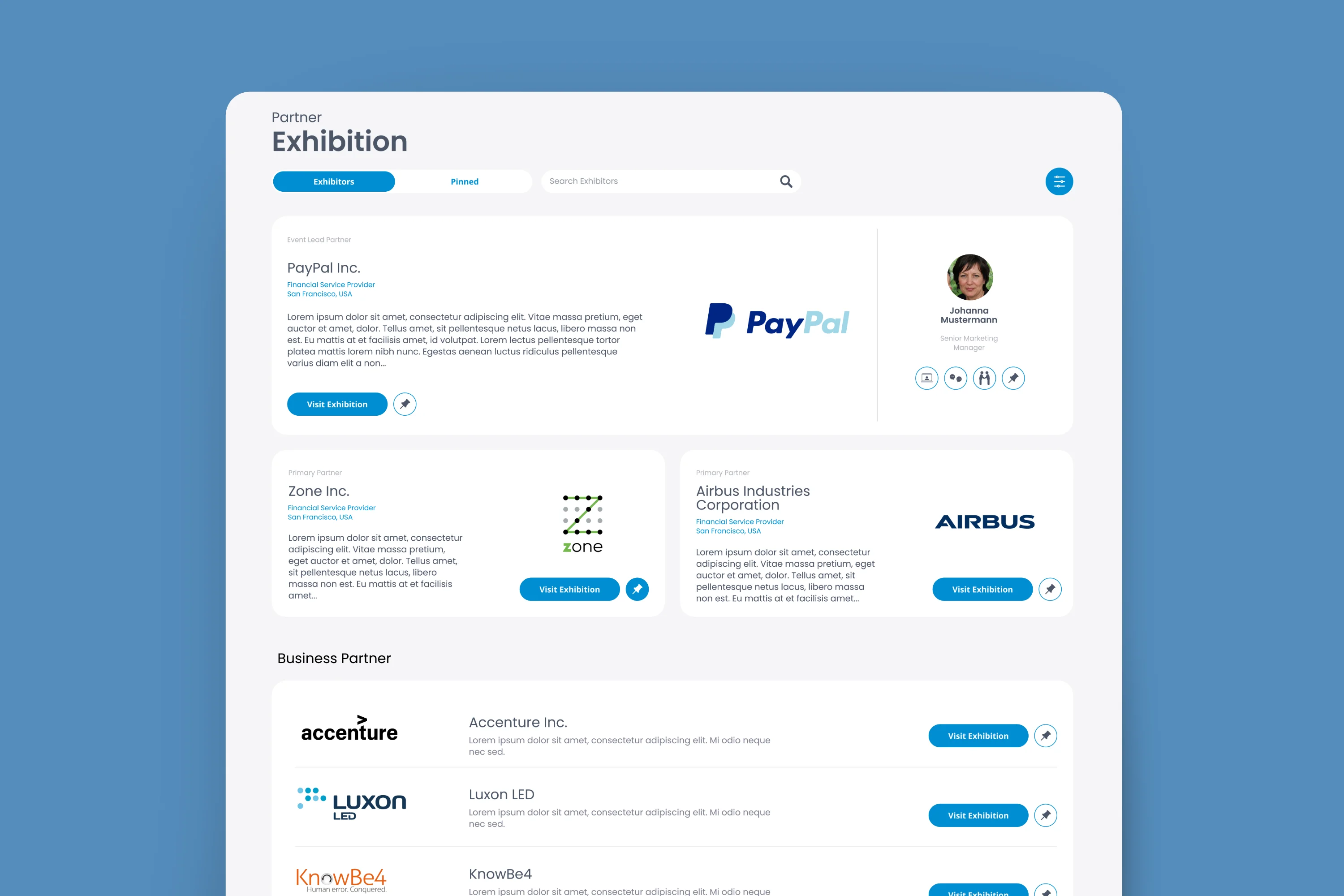 Web app UI UX design for hubs101, here the exhibition page