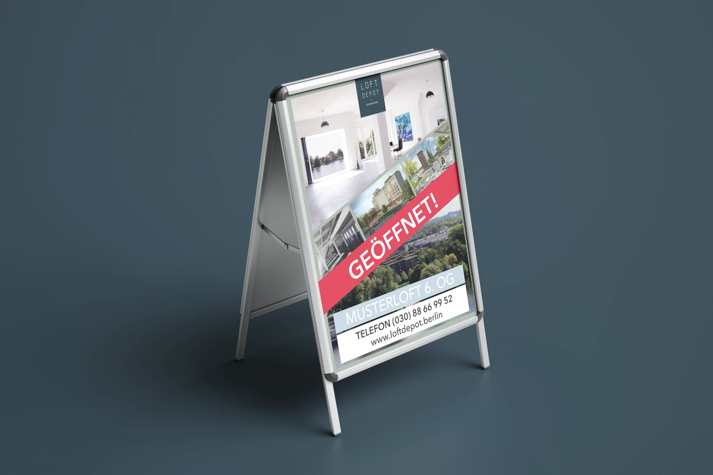 Real estate advertising stand for Loftdepot Eiswerder